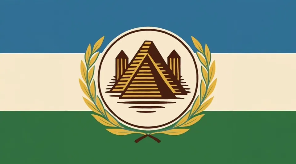 The Peace and Restoration flag of the Xi-Amaru Republic: sky, ivory and green bands with the stepped pyramid emblem in a laurel wreath